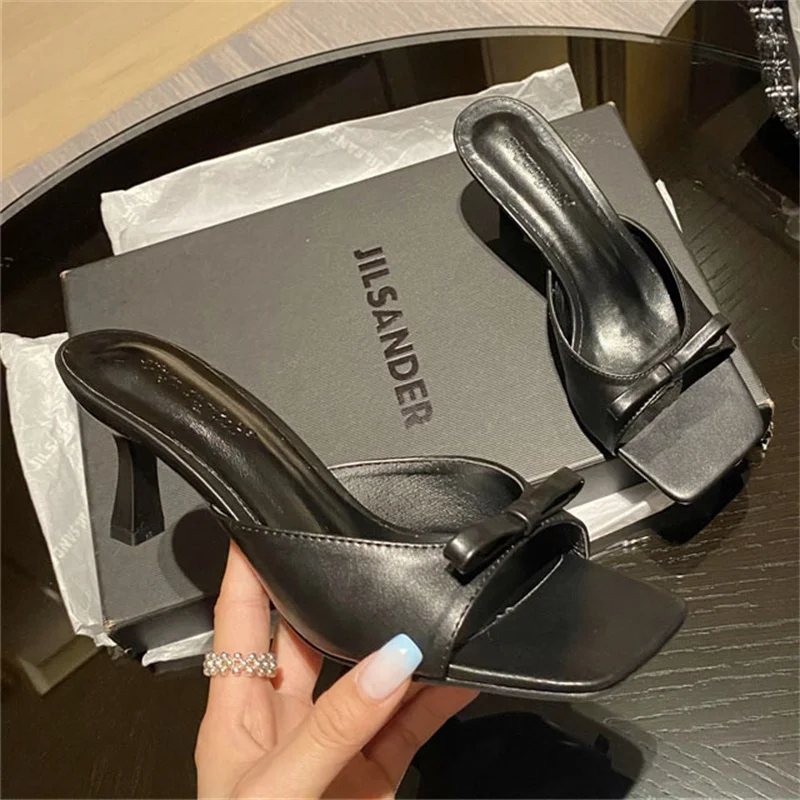 

2022 Summer Brand Women 6cm High Heels Slippers Beige Black Sandals Bow Knot Slides Slip On Mules Sweet Lady Wedding Party Shoes