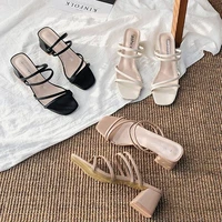 women sandals ladies square heels elegant summer slippers outside cross tied leather female slides 2022 fashion woman sandals