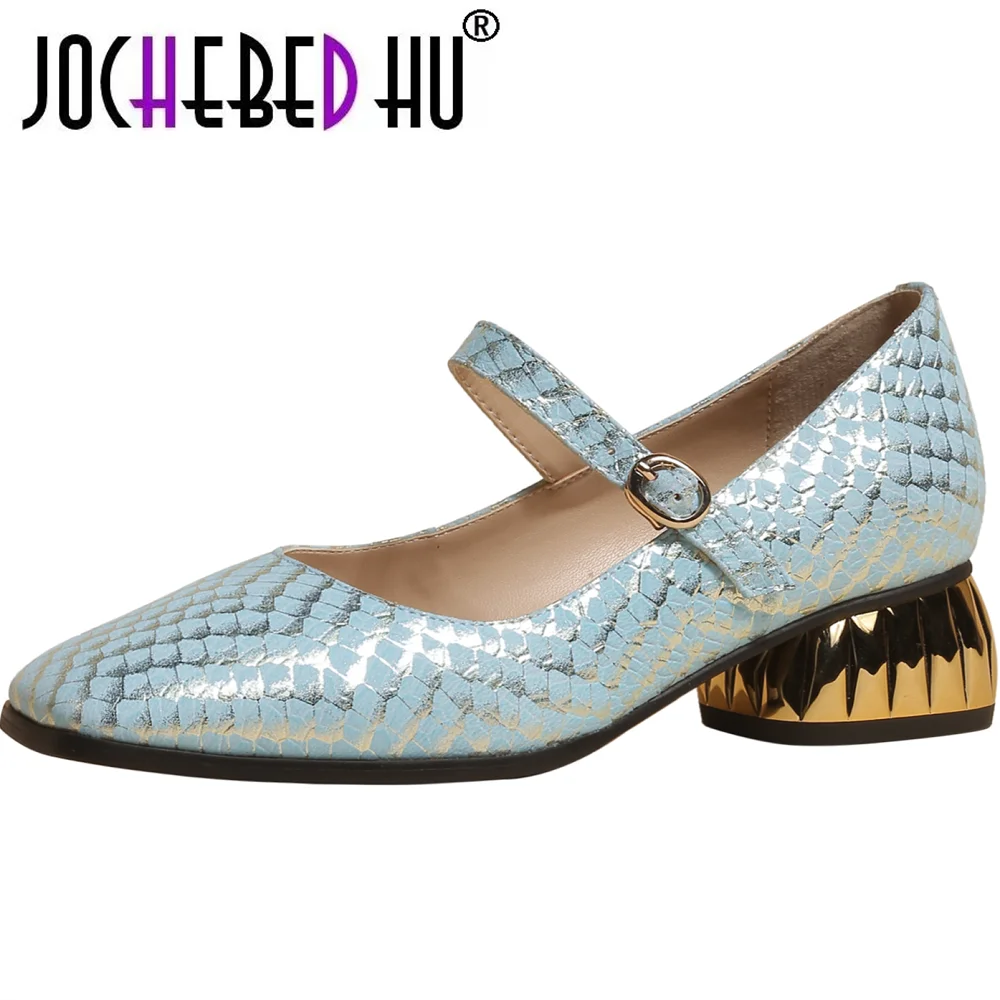 

【JOCHEBED HU】chic metal buckled belt natural genuine leather block square heels shoes women trendy houndstooth plaid pumps 33-43