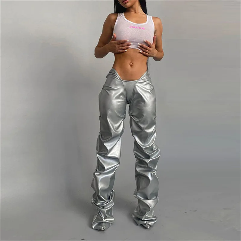 

Shiny Women Pants Hipster Solid Faux PU Leather High Street Irregular Shape Folds Clothing Elastic Waist Female Streetwear