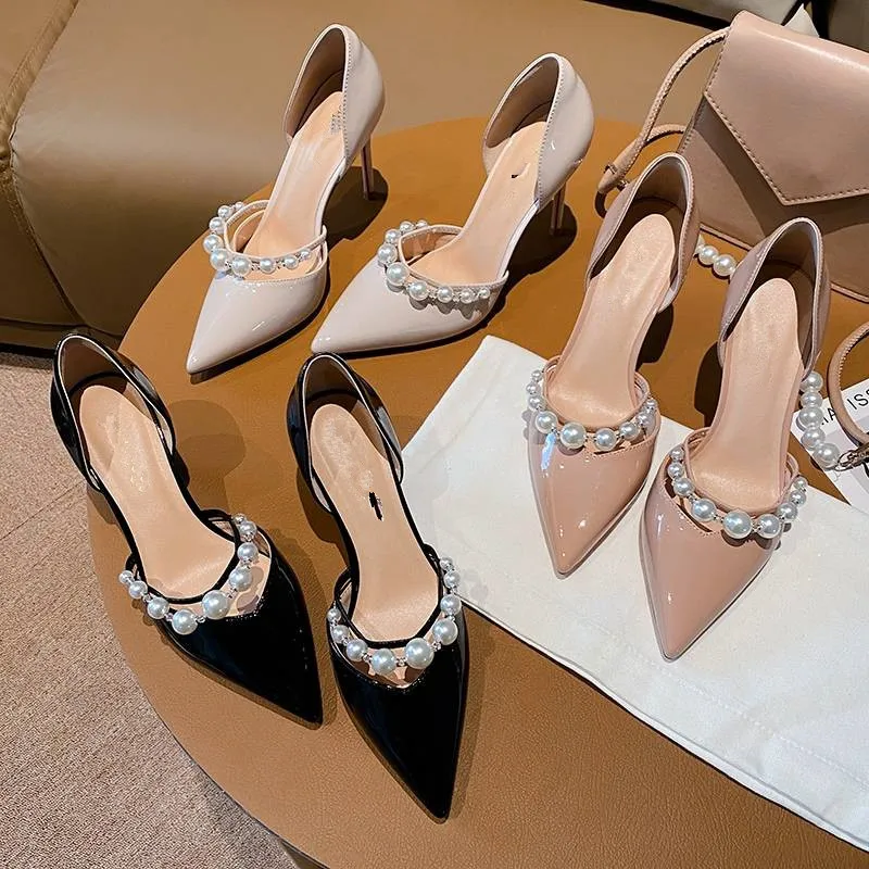 Europe and the United States 2023 spring and summer new pointed toe high heels fashion luxury pearl hollow v mouth ladies sandal