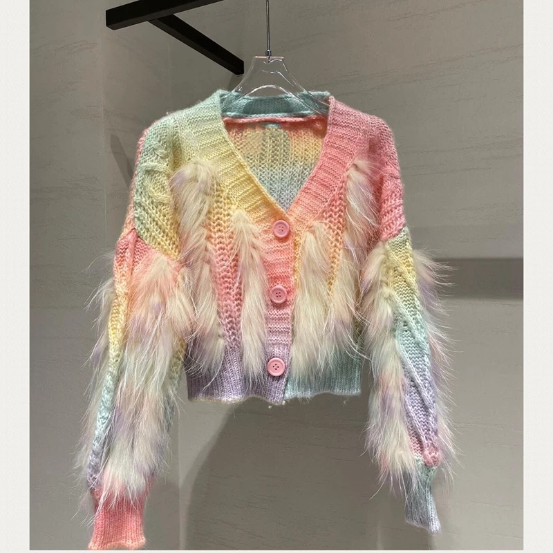 

Natural Fox Fur Winter Woman Coats 2022Fashion Knitted Sweater Coats H89