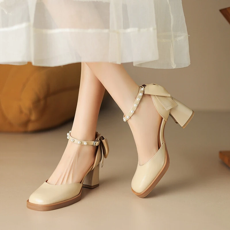 

Split Leather Women Sandals Round Toe Chunky Heel Women Shoes Bow-knot Mary Janes Cover Heel Shoes for Women Cover Toe Sandals