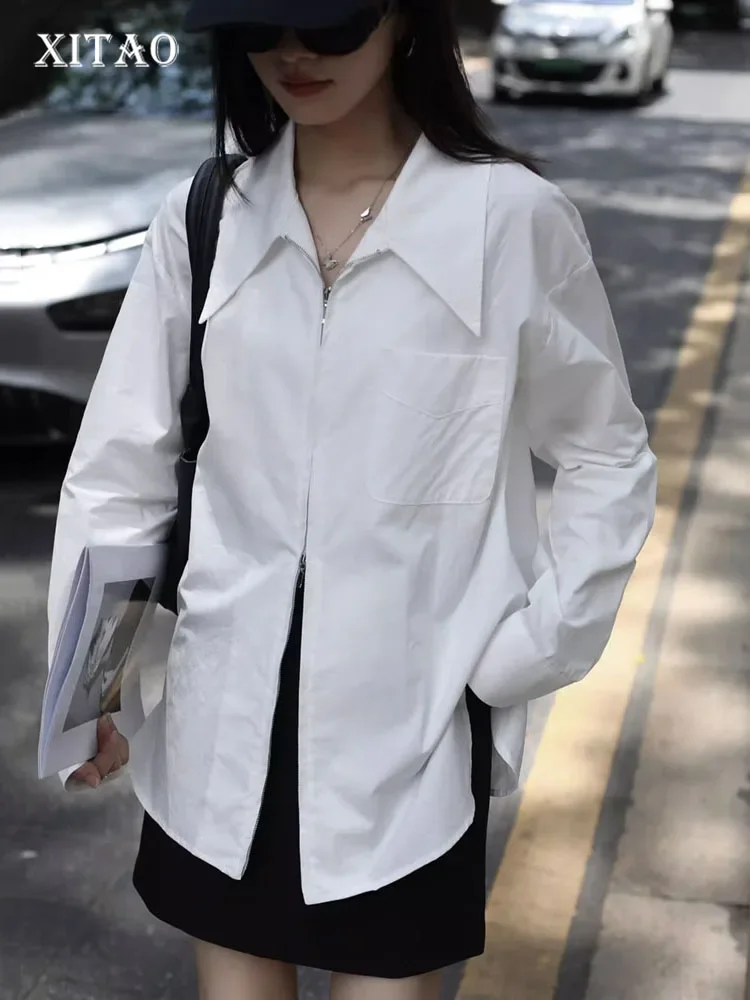 

XITAO Casual Women Zipper Shirt Simplicity Fashion Temperament Turn-down Collar Long Sleeve Loose Top 2023 Autumn New DMJ2413