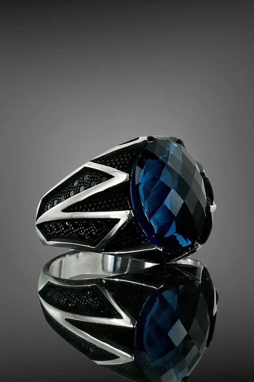 Sapphire Cubic Zirconia Micro Workmanship Top Quality 925 Silver Men 'S Ring