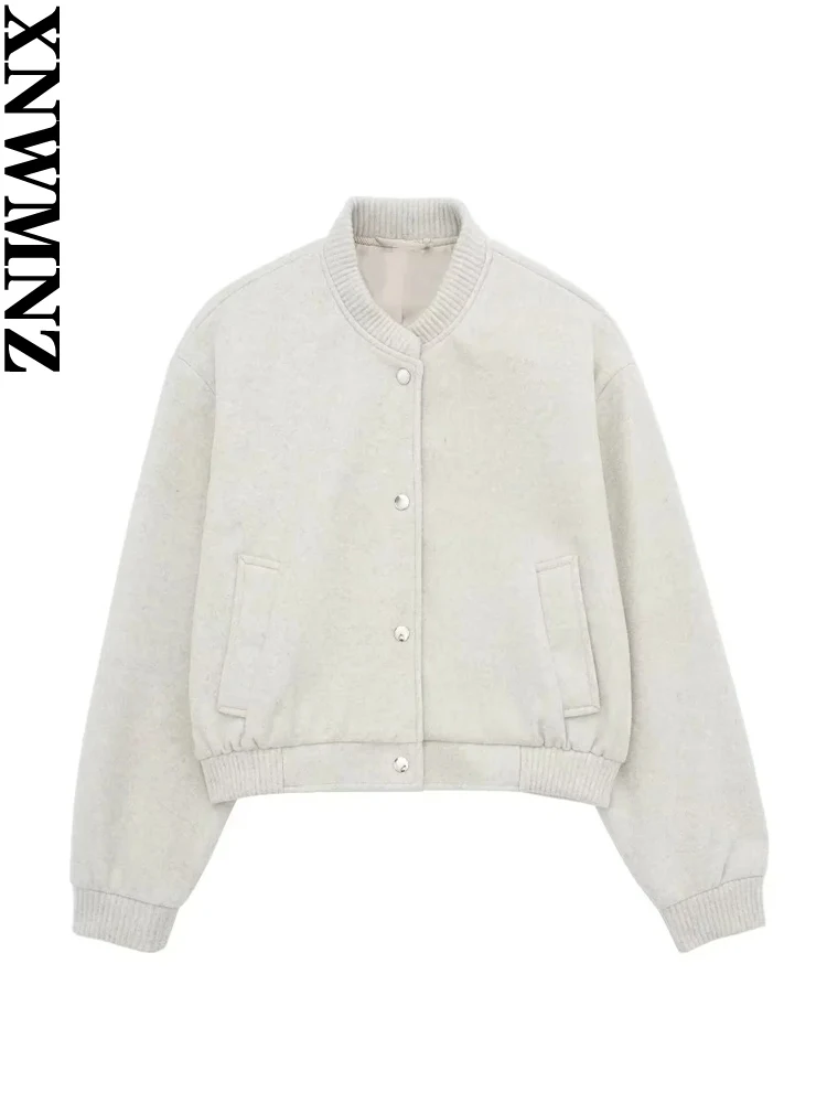 

XNWMNZ Женская мода 2023 осень/зима мягкая куртка-бомбер женская винтажная Повседневная Универсальная Женская куртка с круглым вырезом и длинным рукавом