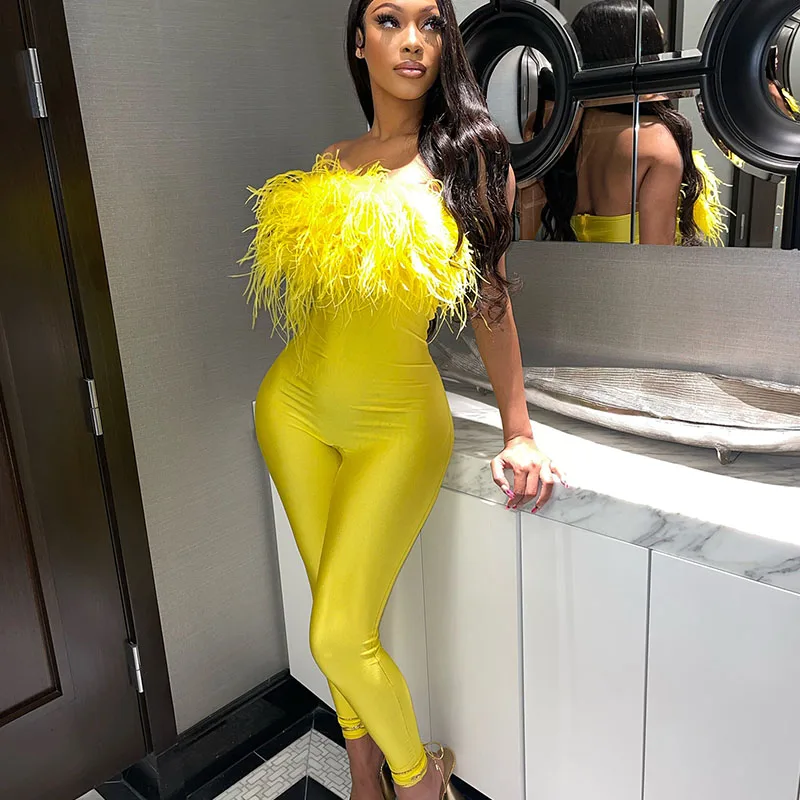 Сексуальные вечерние комбинезоны без бретелек с перьями сексуальные наряды для