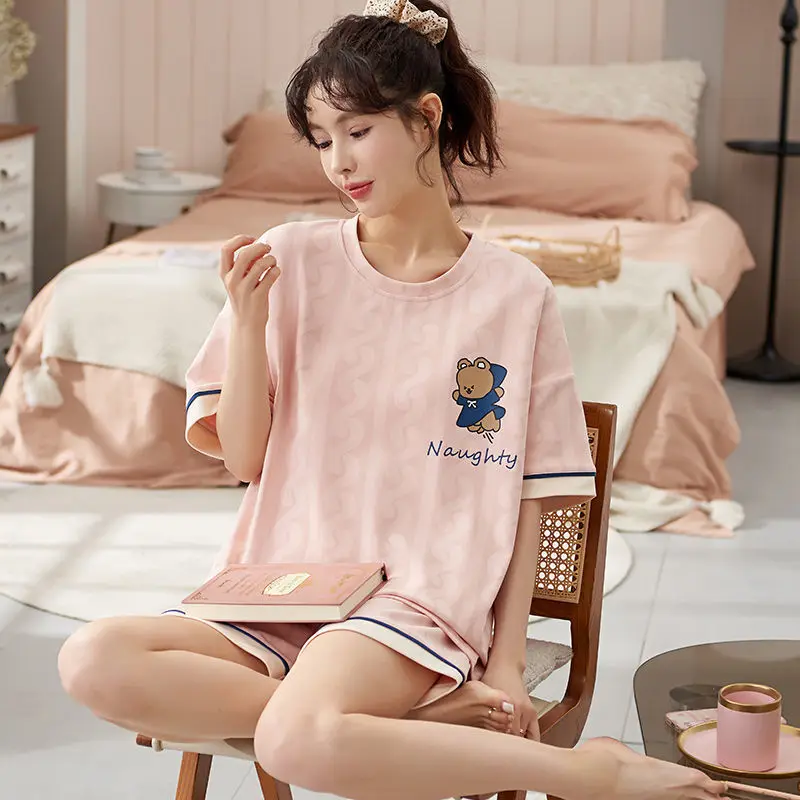 Fashion Yellow Bear Cartoon Sleepwear for Girls Summer Cotton Teens Loungewear Strip Pajamas Set for Women Kawaii Home Clothes