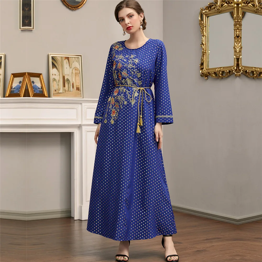 

Ramadan Dubai Women Long Dress Embroidery Luxury Gold Stamping Spring Fall Maxi Robe Islamic Abaya Muslim Arabic Turkey Fashion