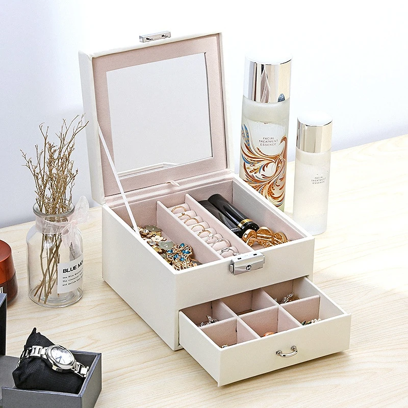 

Makeup Bag with Mirror Jewelry Box Lipstick Ring Necklace Large Capacity Lattice Jewelry Storage Box Make Up Bag Cosmetic Bag