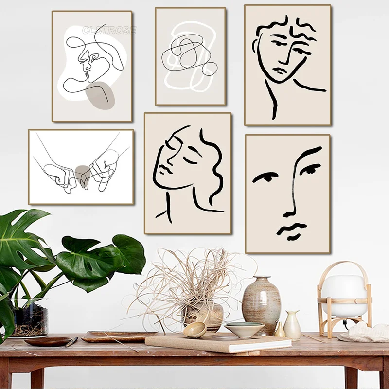 

Nordic Abstract Poster Line Face Minimalist Lady and Hands Canvas Painting Wall Art Pink Style Letter Pictures for Living Room