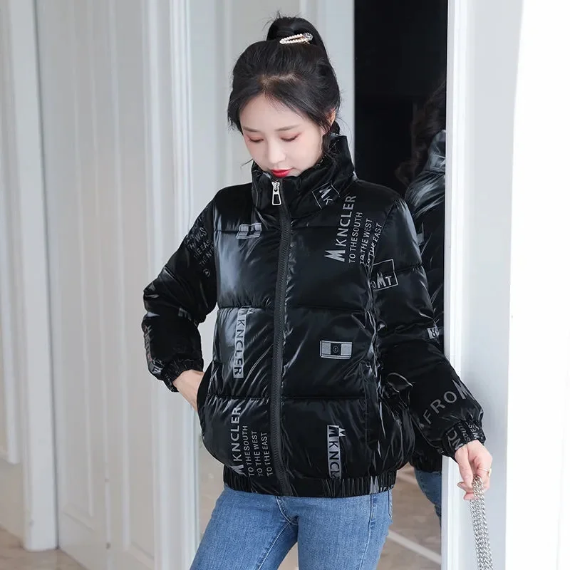 

2022 Glossy Women Winter Short Parkas Down Cotton Padded Coats Students Tops Wadded Jackets Letter Print Lady Outerwear JH678