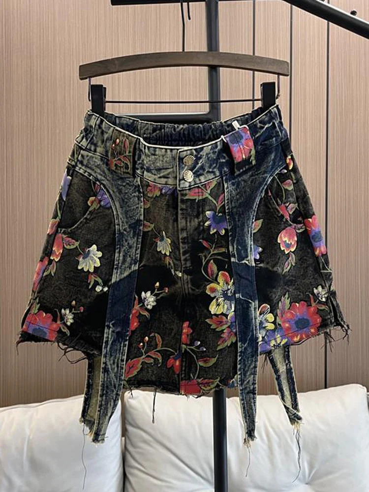 

New Woman Personality Retro Broken Flower Washing Make Old Short Skirt Spring And Summer New Streetwear High-waisted Denim Skirt