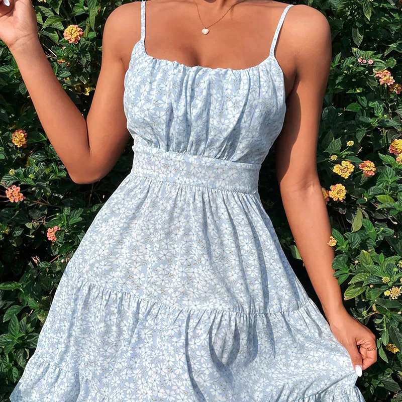 

Женское летнее платье без рукавов, повседневное приталенное платье с цветочным принтом, квадратным вырезом, высокой талией и оборками по краям