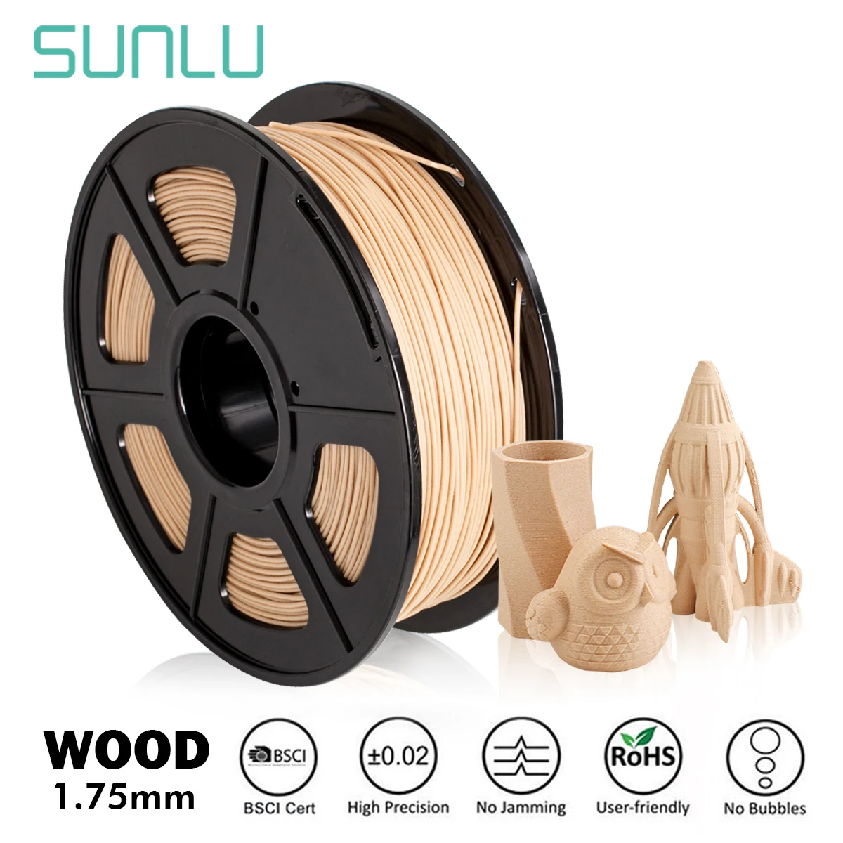 SUNLU-filamento de madera para impresora 3D, fibra de madera de 1,75mm, 1 kg/rollo, 2.2LBS, regalo DIY, de color madera, respetuoso con el medio ambiente