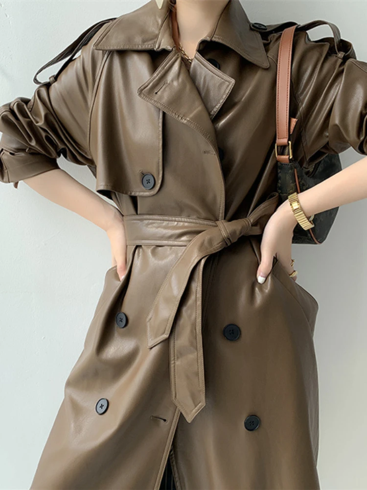 

Long Coats for Women Fashion Retro Motorcycle Black Leather Jacket Adjustable Waist 2023 Autumn/Winter New Women's Windbreaker