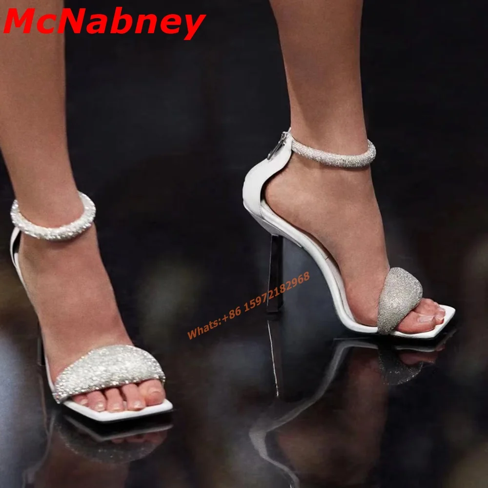

Sexy Rhinestone Belt Sandals Female Runway Square Toe High Heels Stiletto Open Toe Roman Sandals Summer Banquet Back Zipper Shoe