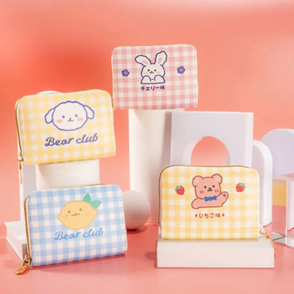 

Lattice Bear Card Cash Organizer PU Leather Cartoon Clutch Card Holder Korean Style for Women Girls