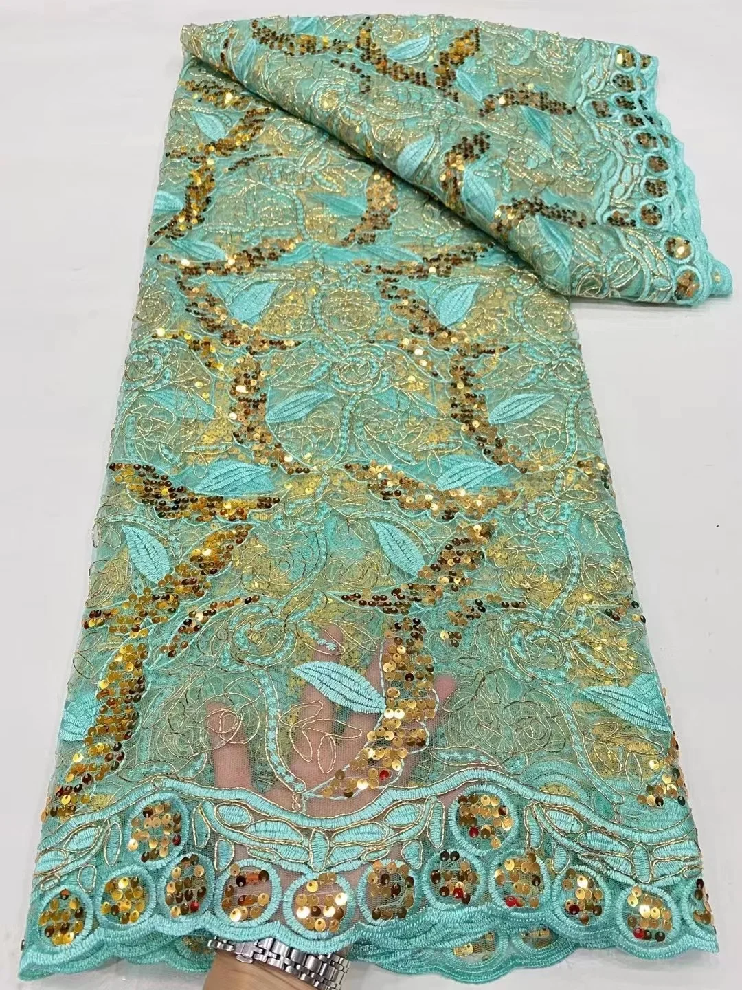 

2023 Stylish African Mesh Lace Fabric High Quality Sequins French Mesh Tulle Lace Fabric Mesh Lace Wedding Sewing DRESS