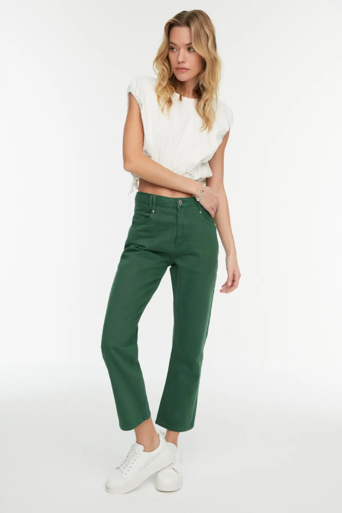 

Женские джинсы, зеленые прямые длинные прямые брюки с высокой талией, уличная одежда, женские джинсы на молнии с пуговицами