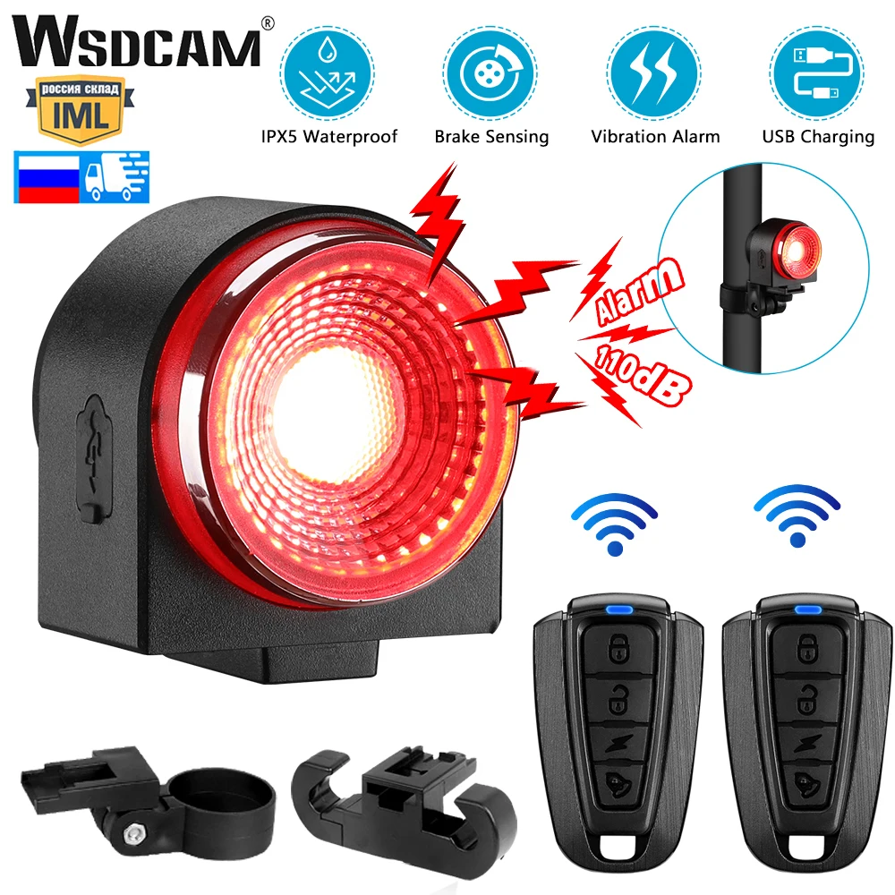 WSDCAM Bicycle Tail Light USB Charging Bike Alarm Remote Control Burglar 115db Waterproof Smart Brake Sensing Rear Lights