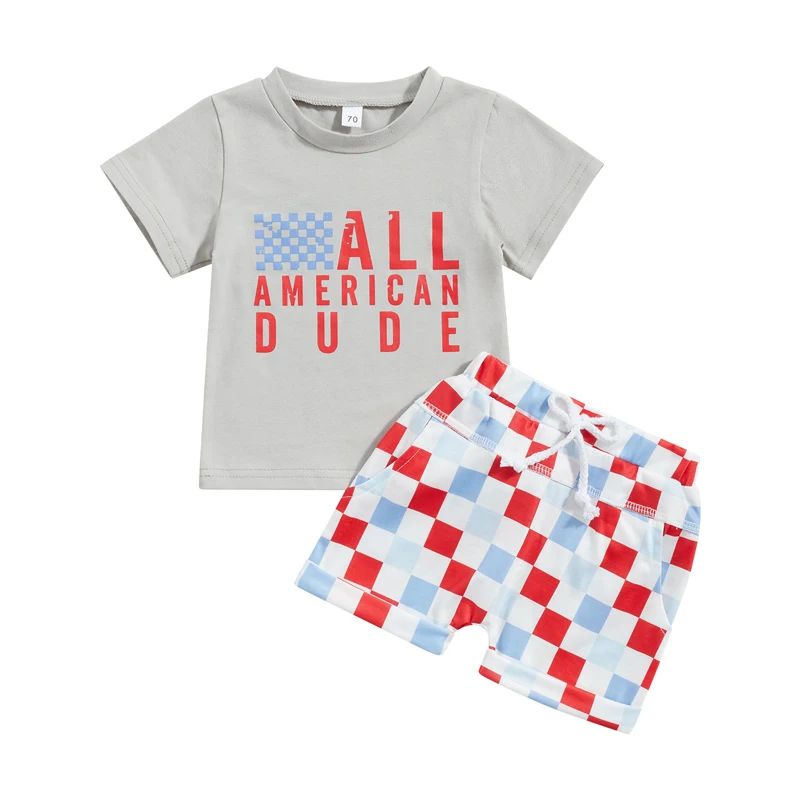 

Independence Day Baby Clothes Infant Boys Girls Letter Print T-Shirts and Contrast Color Checkerboard Shorts 2Pcs Set