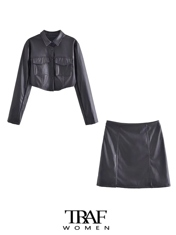 

TRAF Women Fashion Faux Leather Cropped Jacket Coat And High Waist Front Slit Mini Skirt Female Two Piece Sets Mujer