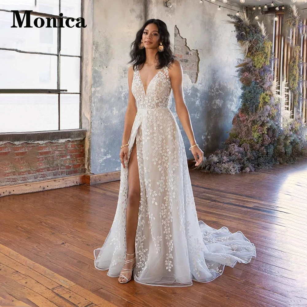 

MONICA Lace UP Backless V-neck Wedding Dresses Pastrol Court Train Slit A-LINE Floral Appliques Robe De Mariée Personalised