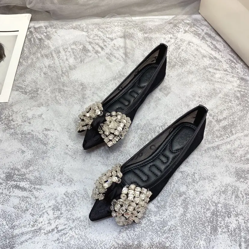 Pointed Toe Breathable Rhinestone Bow Pumps Women's Spring and Summer 2023 New Soft-Soled Mesh Surface Low-Cut Flat Shoes