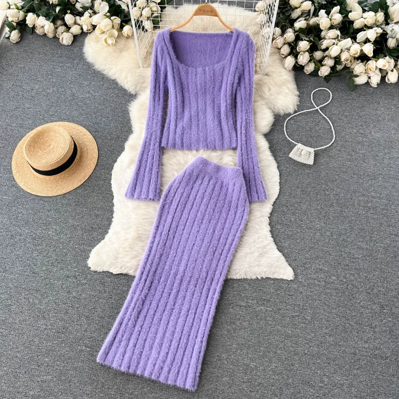 

Новинка, мягкий мохеровый свитер, юбка, костюмы, Женская Осенняя Сексуальная облегающая юбка, комплект из двух предметов, Женский трикотажн...