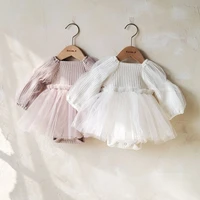 toddler baby girl romper dress spring autumn mesh stitching puff sleeve princess bodysuit for infants cotton solid kids clothes