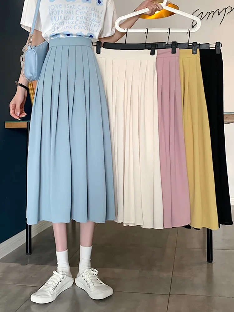 

Solid Color Pleated Mid-length A-line Skirt Summer 2021 New High-waisted Pleated Skirt Chic Cover Hip A-line Skirt Trend