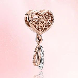 New 925 Sterling Silver Rose Gold Heart-Shaped Dream Catcher Feathers Charm Fit Original Pandora Bra