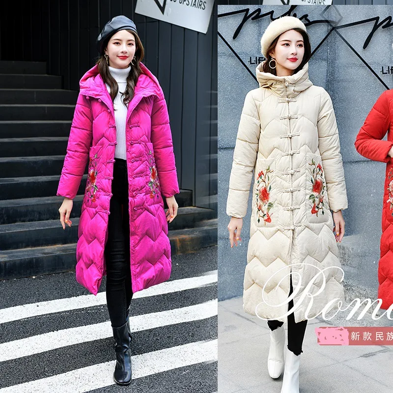 KoHuiJoo  Chinese Style Cotton Padded Jacket Women Long Woman Parkas Winter Vintage Embroidery Ethnic Down Cotton Coat Warm