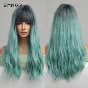 Emmor Synthetic Long Wigs Ombre Black to Green Hair Wig for Women Natural Heat Resistant Fiber Lolita Wigs Halloween Wig