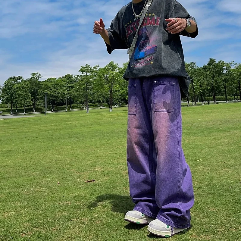 Purple Jeans Men Casual Korean Streetwear Fashion Hip Hop Vintage Denim Jeans Trousers Man Women Straight Long Wide Leg Pants