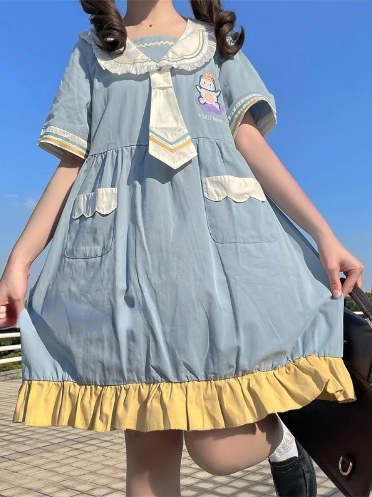 

Women Dresses with Tie Cartoon Bear Embroidery Ruffles Patchwpork Dress Short Sleeve Summer High Waist Ladies Daily Dress