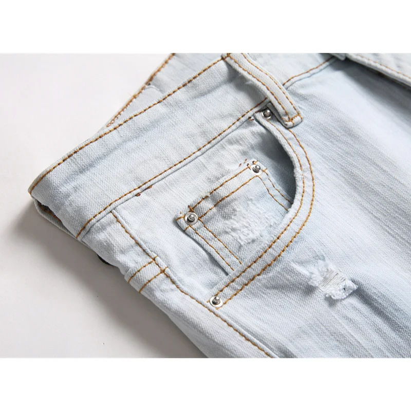 Streetwear Men Punk Vintage Blue Ripped Self-cultivation Jeans Elastic Force Printing and Dyeing Pencil Pants Female 2022 Autumn