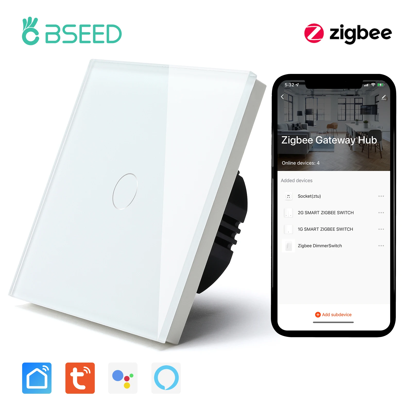 

Bseed Zigbee 1/2/3Gang Стандарт ЕС Сенсорный выключатель света Одиночный умный настенный выключатель Smart Life Google Home Голосовое управление