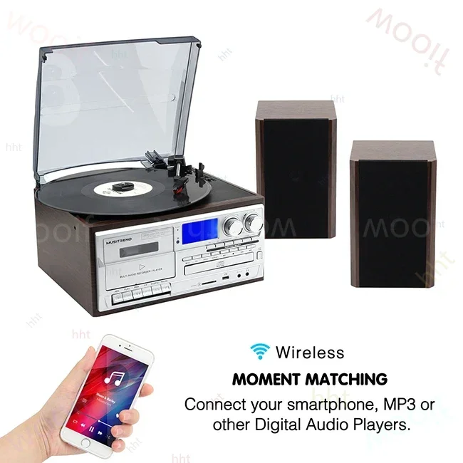 Фото Высококачественный многофункциональный проигрыватель с Bluetooth, MP3, MP4, FM-радио, поддержкой виниловых пластинок, кассет и CD. №3