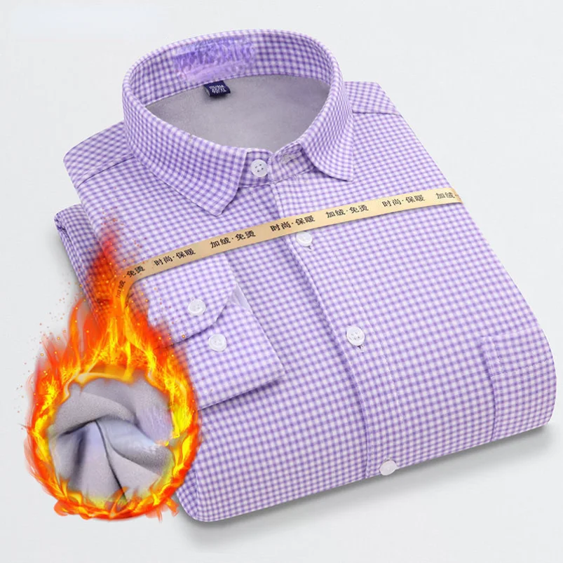 

Мужская Флисовая деловая Повседневная рубашка с длинным рукавом, зимняя теплая классическая мужская рубашка в клетку и в полоску фиолетово...