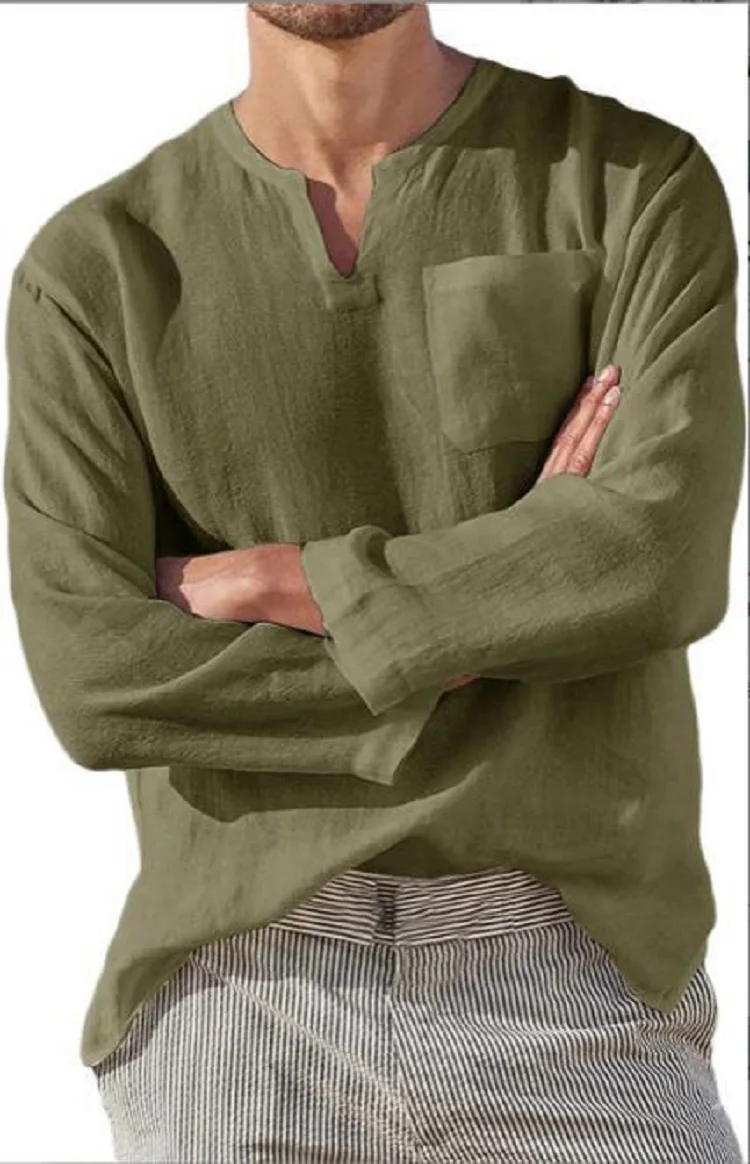 2022 European And American Spring And Summer New Men's Long-Sleeved V-Neck Shirts Casual Beach Linen Shirts For Men