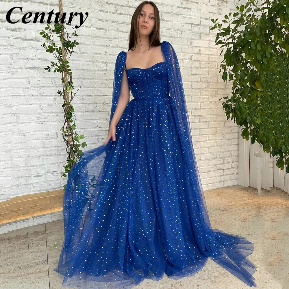 

Century Chic Royal Blue Sparkling Tulle Prom Dress Sweetheart Long Shoulder Wings Sequined Evening Dress Party Dress Robe de ba