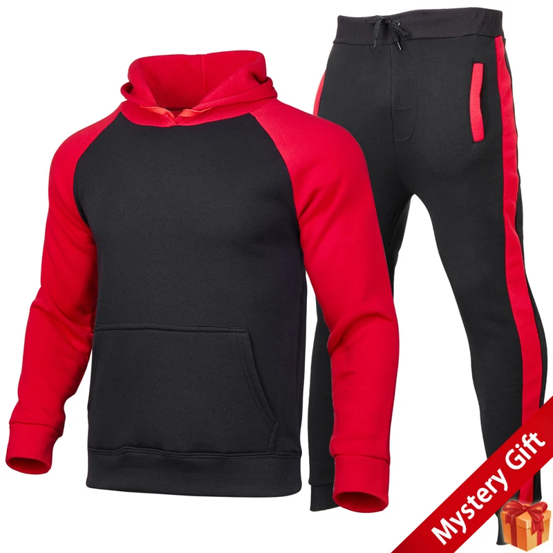 

Men Patckwork Colorblock Hoodies and Sweatpants Set Autumn Casual sports suit Plus velvet tracksuit hooded Sweatshirts Clothes
