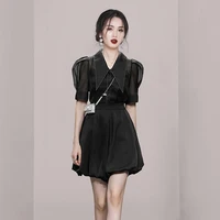 womens new summer high end temperament pointed lapel bubble sleeve solid color top high waist lantern shorts two piece suit