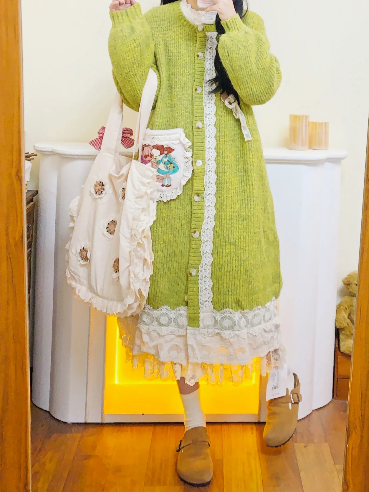 Женский кружевной лоскутный вязаный длинный кардиган с рукавами-фонариками