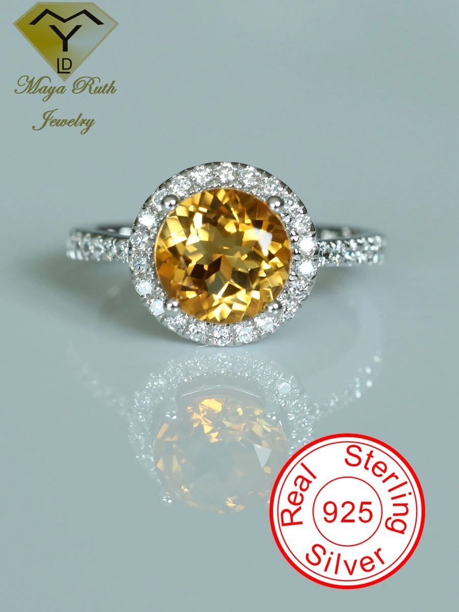 

Natural Orange Citrine Cute Dating Ring For Women Green Real 925 Sterling Silver Party Anniversary Gifts Female Round Shape