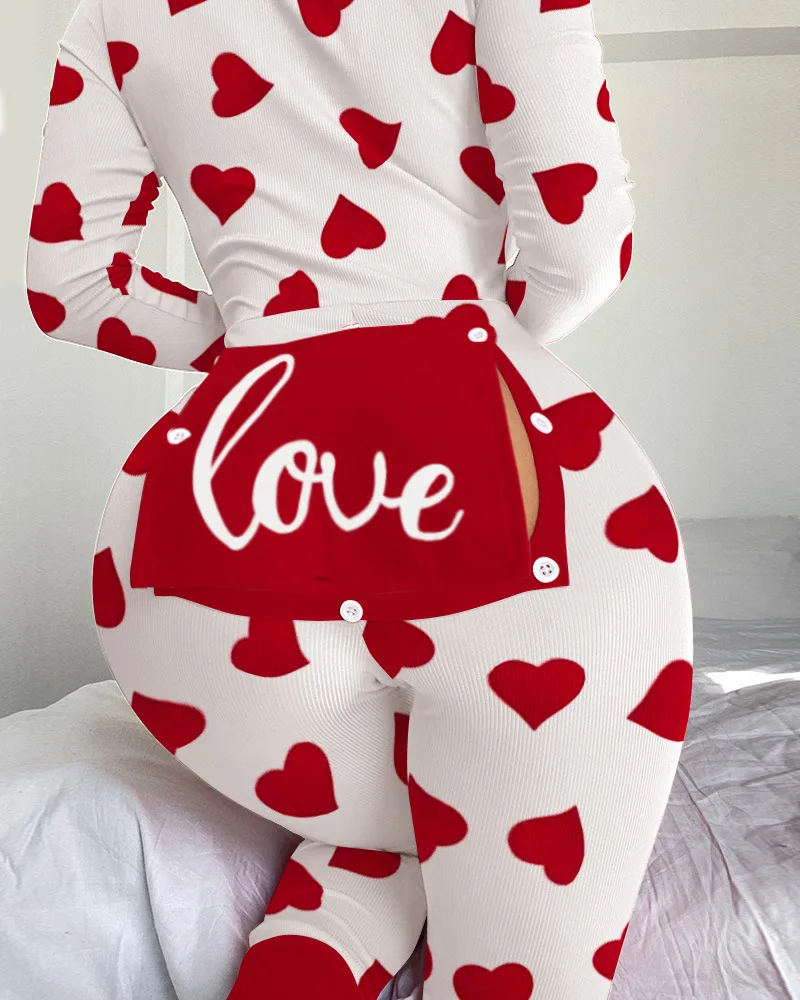 

Heart Letter Print Ribbed Functional Buttoned Flap Adult Onesie Women Jumpsuits Pants Overall Casual Fashion Spring Summer