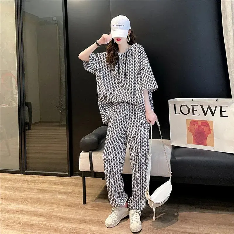 Спортивный костюм с капюшоном Женская клетчатая футболка повседневные брюки