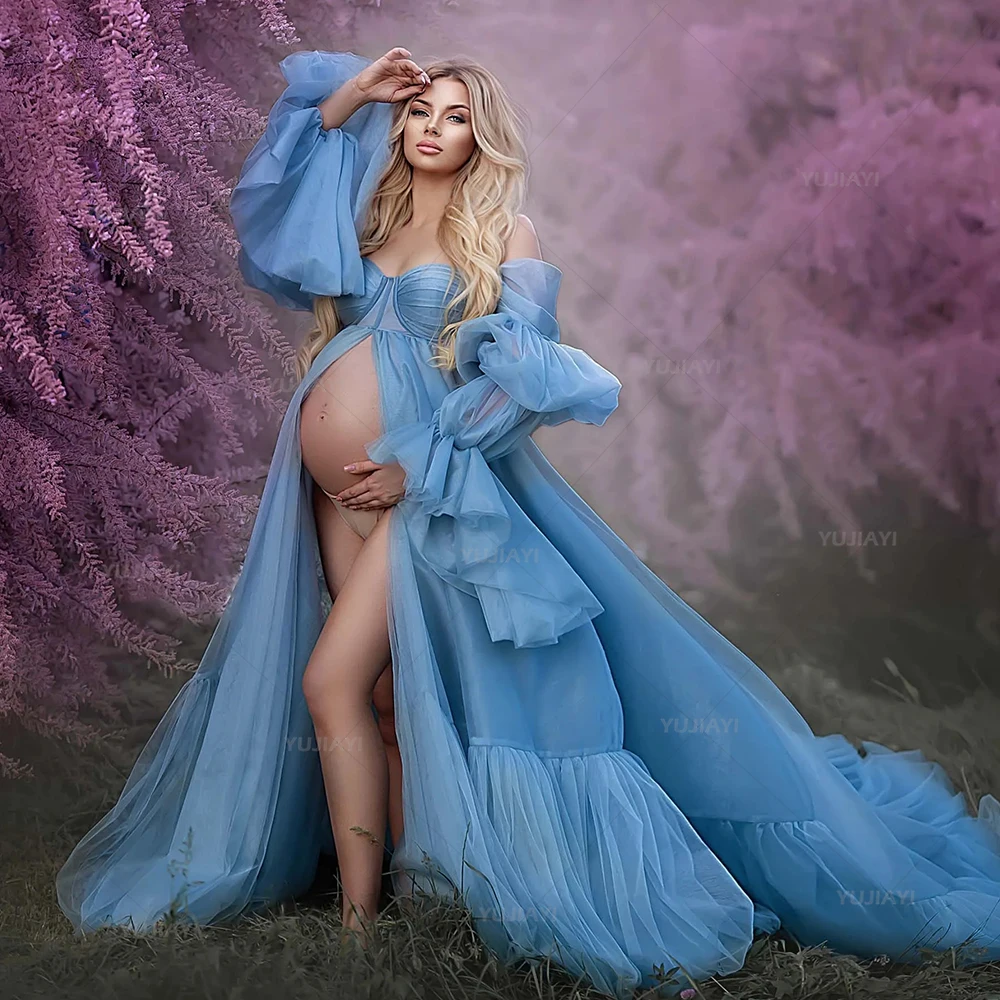 

Maternity Dresses PhotoShoot Fluffy Tulle Tiered Ruffled Long Sleeves Off Shoulder Front Slit Pregnant Woman Robe Maternity Gown